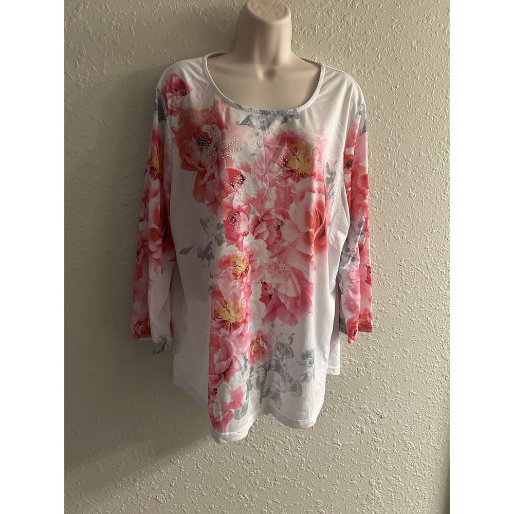 New XL BonWorth Bedazzled Sequin Rose Top #1557*8